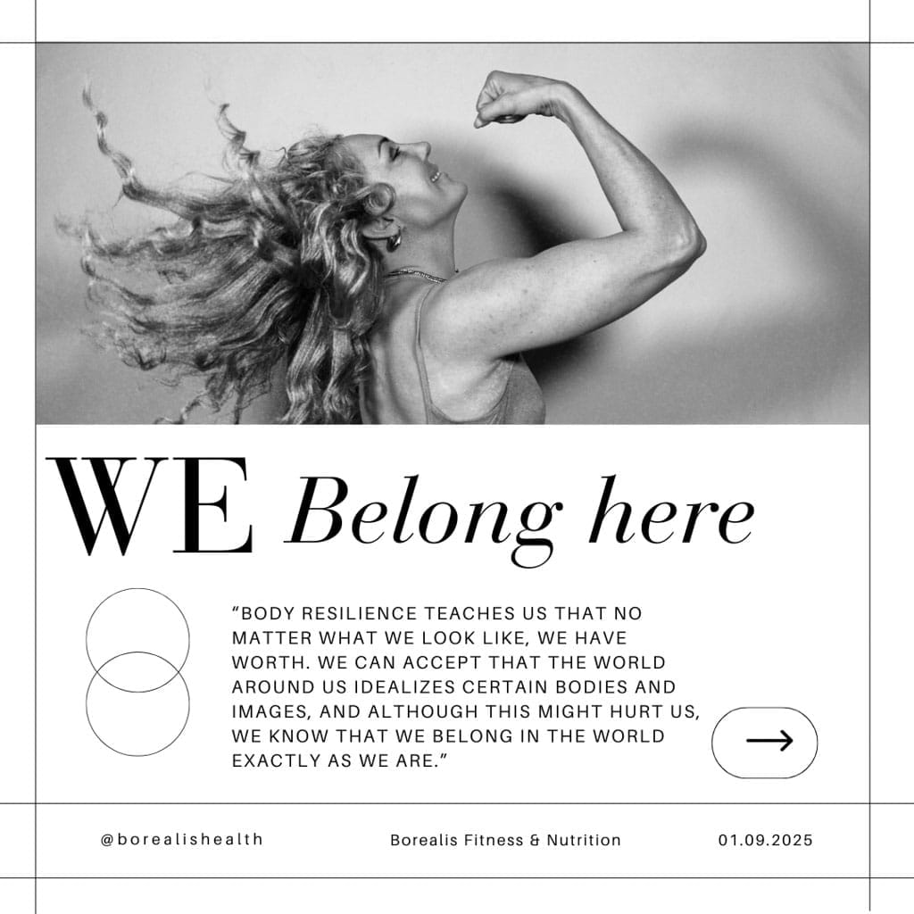 A black and white-portrait of Crystal Kirby-Peloquin, with the caption "we belong here."